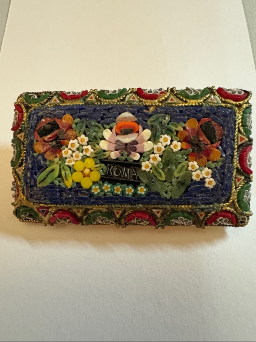 Handcrafted Italian Micro-Mosaic Floral Brooch - Blue, Green, Red